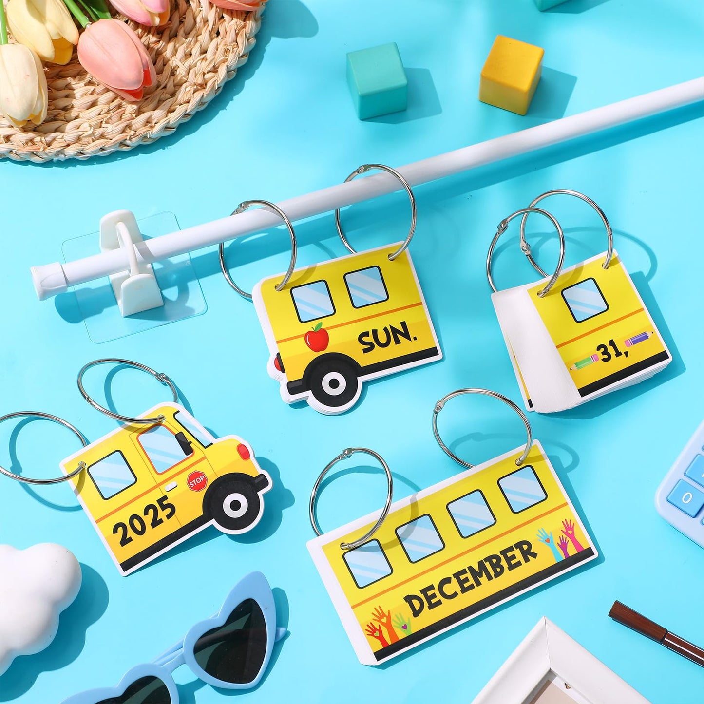 Containlol School Bus Calendar Bulletin Board Set Flip Calendar for Classroom Teacher Adjustable with 54 Yellow Week Month Day Year Cards Rod O-ring for Back to School First Day Elementary Wall