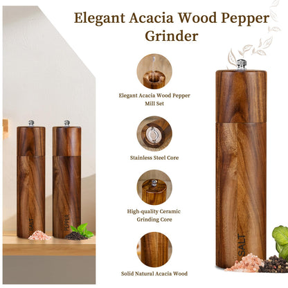 XWXO 2 Pack Acacia Wooden Salt and Pepper Grinder Set 8 Inches Refillable Salt and Pepper Mills Adjustable Coarseness, Acacia Wood with Ceramic Core Peppercorn Shaker Tableware Birthday Gifts