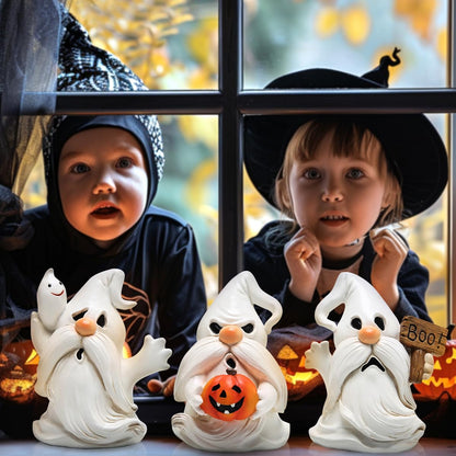 Hodao Halloween Ghost Gnome Figurines - Cute Spooky with Pumpkin & Boo Sign, 3PCS Indoor Outdoor Decor for Home, Party, Tiered Trays, Windowsills & Gifts