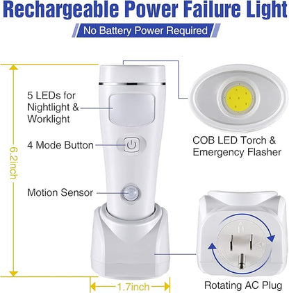 Enhon 2 Pack 4 in 1 LED Emergency Lights for Home Power Failure, Rechargeable Plug in Flashlight Motion Sensor Night Light, Automatic Turn On Power Outage Light for Home Hurricane Supplies (White)