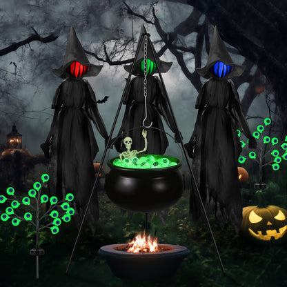 MiniInflat 6 Pack Halloween Decorations Outdoor Included Large Witches Cauldron on Tripod with String Light Eyeball and Skeleton 3 Pcs 6 ft Lighted Witch Stakes 2 Pcs Solar Eyeball Light for Yard Lawn