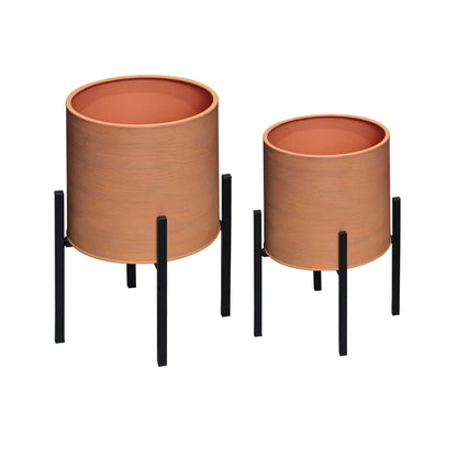 ARNIS Modern Plant Pots, Set of 2 Large Planters with Stand, Decorative Planters, Metal Pots with Drainage Holes for Living Room, Office, Garden or Balcony, 8.25 &10.5 Inch, Terracotta