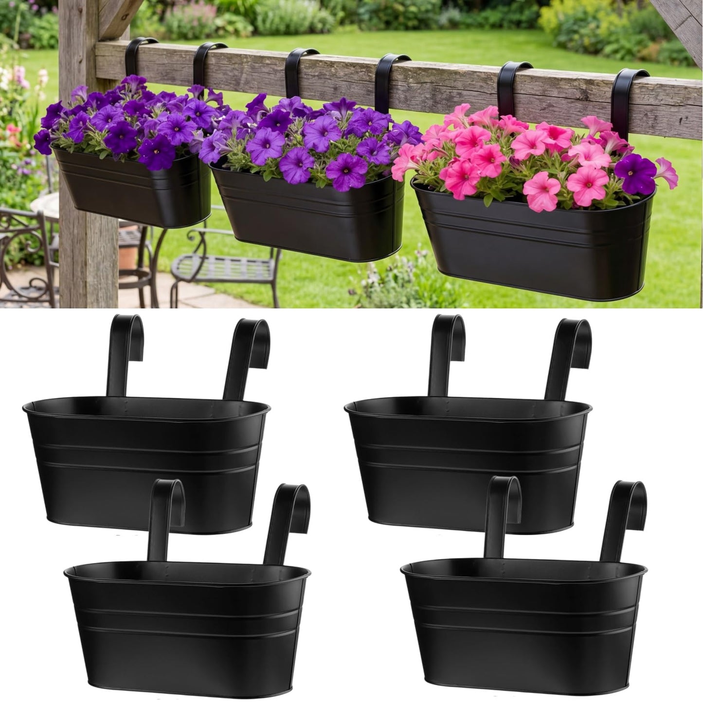 Hicarer Metal Hanging Flower Pots for Railing Fence, Large Hanging Rail Planters for Outdoor Window Balcony Plants Holder with Hooks for Garden Yard Home Decor(Black,4 Pcs)