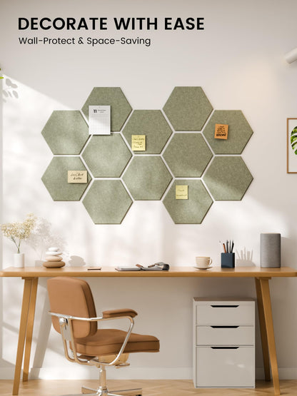 Fluxynara Hexagon Cork Board Alternative for Walls Decor-12-Pack Felt Bulletin Board Tiles,with 30 Pushpins,70 Adhesive Tabs for Office,Classrooms & Home Pin Board Felt Board-Sage