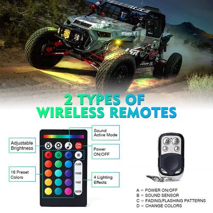 Xprite RGB Bluetooth Rock Lights Kit, Multicolor Neon Lighting Cars Underglow Footwell Wheel Well Light Pods, w/RF Remote Controller for Off-Road, Trucks, UTV, ATV, SUV, RZR, Motorcycles, Boat 8 PCS