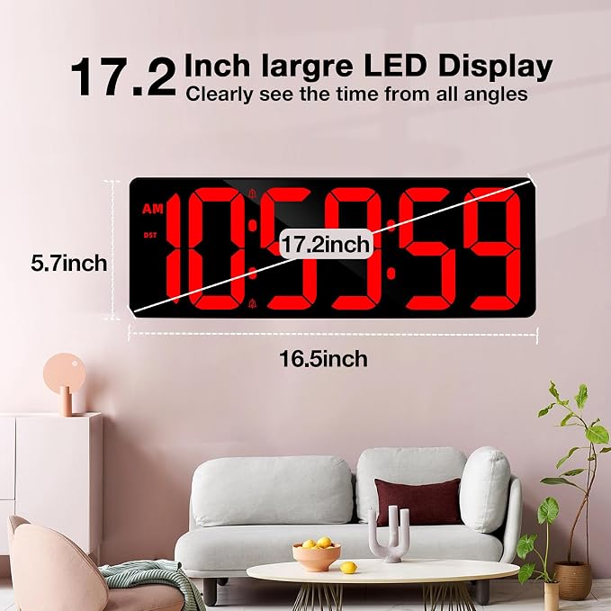 17.2" Large Digital Timer Wall Clock with Remote Control, Count Down Up Digital Timer, Auto DST LED Big Digital Clock for Bedroom Kitchen Living Room Office Gym Home Decor, Red
