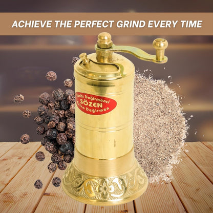 Sozen 4.3" Manual Pepper Grinder Brass – Handmade Turkish Pepper Mill, Conical Burr Spice Grinder, Portable Hand Crank Mill for Salt, Peppercorns, and Other Spices with Durable Brass Decor