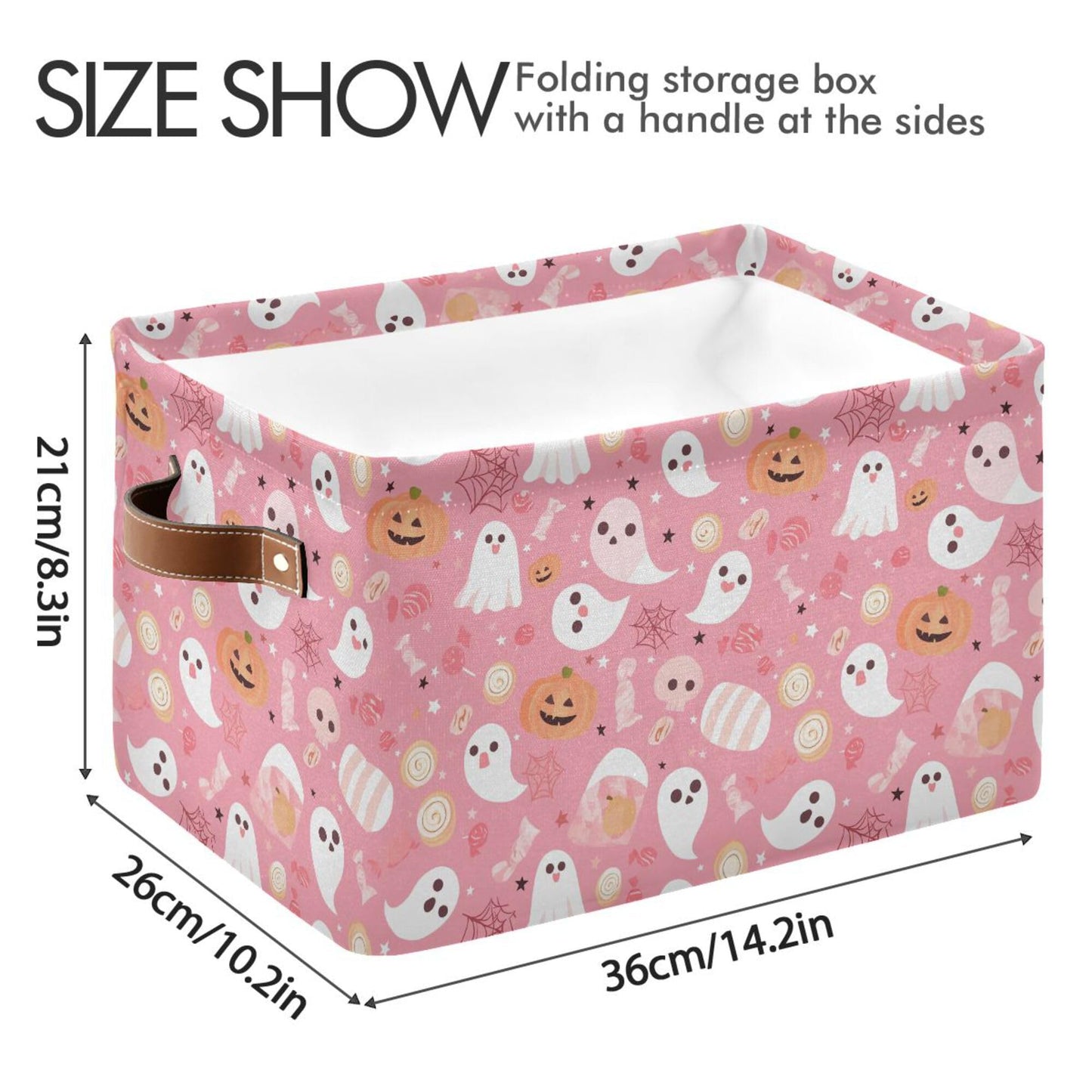 Wamika Halloween Pink Storage Basket with Waterproof Liner and PU Handles Pumpkin Ghost Candy Storage Bins Boxes 14.2" Collapsible Decorative Organizer Baskets for Bedroom Closet Office 1 Pack