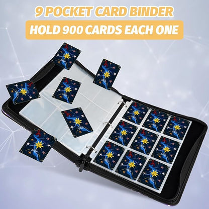 900 Pockets Round Ring Trading Card Binder, 9-Pocket Clear Zipper Card Album with Wrist Strap, Holds 900 Standard TCG & Sports Cards, Not Fit Top Loaders (Carbon Black)