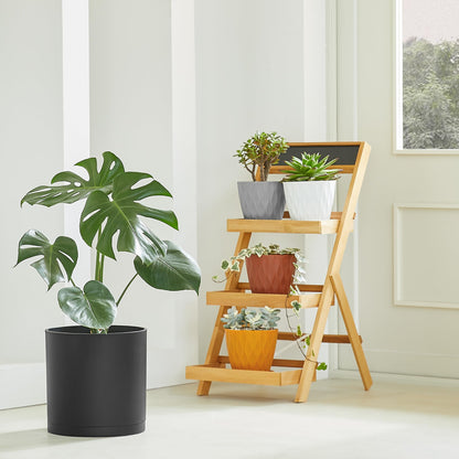 FaithLand 12-Inch Large Modern Cylinder Planter, Thick-Walled Plastic Plant Pot with Drainage Holes and Detachable Saucer, Matte Black, Ideal for Indoor & Outdoor Plants Flowers
