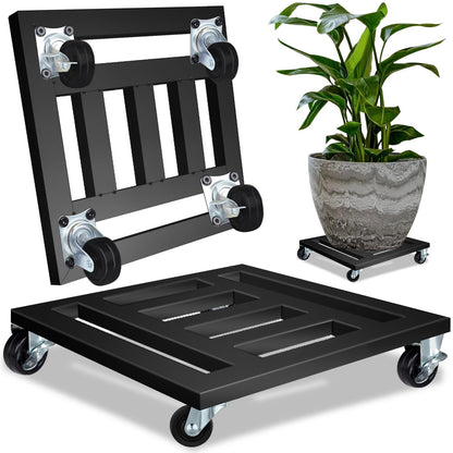 LUBORN Heavy Duty Plant Caddy with Wheels, 16'' Metal Rolling Plant Stand Indoor Outdoor, 2 pcs Square Plant Dolly with Lockable Caster Wheels Holds up 400 Lbs Planter (Black)