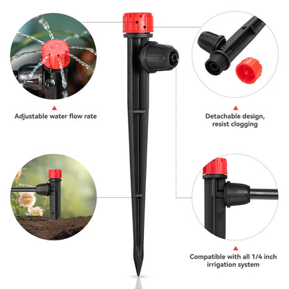 Drip Irrigation Emitters for 1/4" Drip Irrigation Tubing - Adjustable 360 Degree Water Flow Drippers on 5" Arrow Stake for Garden Watering System (25pcs Drip Emitters with Lock Barbed)