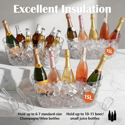 Ice Buckets for Parties 2 Packs, 15L Large Ice Bucket with 2 Scoops, Clear Acrylic Plastic Tub for Home Office Fridge Storage, Supplies for Champagne, Beer, Cocktail on Mimosa Bar Drinks and Parties