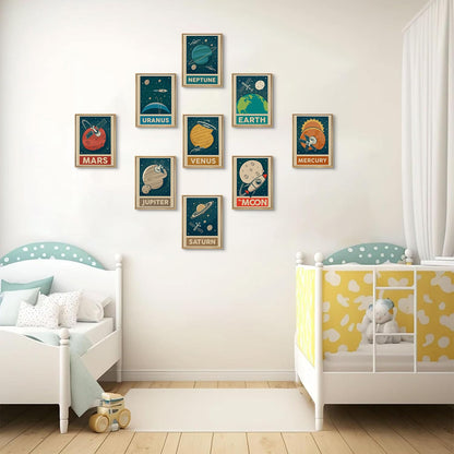 9pcs Retro Solar System Wall Art Nursery Space Pictures Retrospace Galaxy Wall Decor Outer Space Paintings Prints Sci-Fi Planet Posters for Boys Girls Kids Bedroom Living 12x16in Unframed