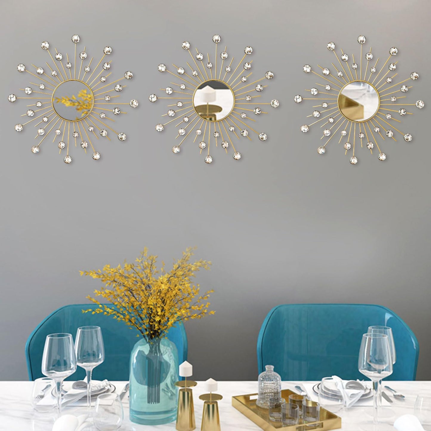 Uaussi 3 Pack Crystal Sunburst Wall Mirror Décor Rhinestone Mirrors Decorative Home Wall Art for Living Room Bedroom Entryway(Crystals Gold)