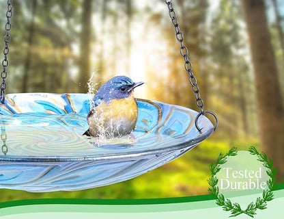 MUMTOP 11 inch Hanging Bird Bath Glass BirdBath Peacock Outdoor Birdfeeder for Garden Yard Decoration