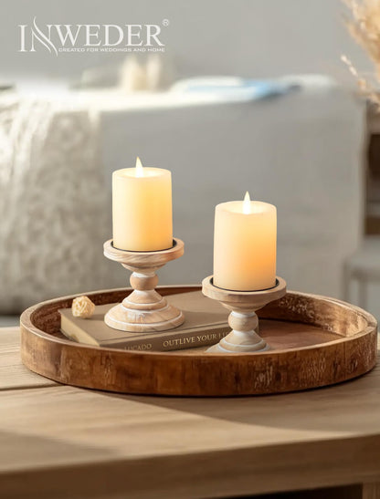 Inweder Wood Pillar Candle Holder: 2Pcs Rustic White Candle Holders for Pillar Candles Wood Candle Holders Distressed Wooden Farmhouse Candle Holder Large Rustic Candle Holder for Fireplace Table