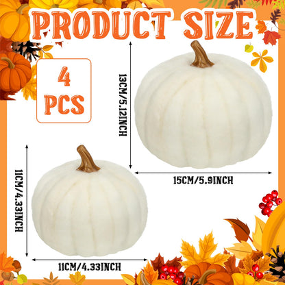 Preboun 4 Pieces Large Wool Fall White Pumpkin Thanksgiving Decor Artificial Fabric Pumpkin Harvest Felt Fake Pumpkins for Decorating for Fall, Thanksgiving, Halloween, Wedding Parties Decoration