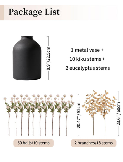 BLOSMON Fake Flowers Centerpieces for Tables: Gifts for Women Metal Vase with 12 Stems of Artificial Mums Kiku Eucalyptuses for Dining Room - Beige Faux Floral Arrangements in vase