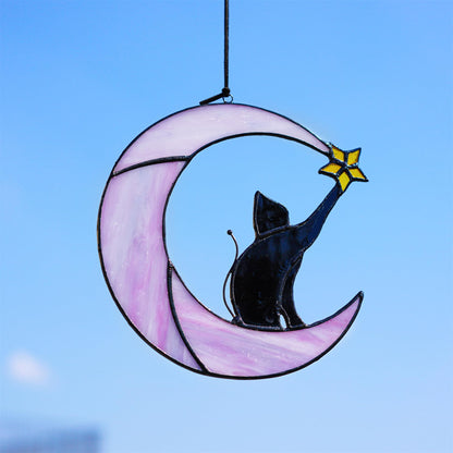 HDCRYSTALGIFTS 6.5'' Black Cat Decor on Purple Moon Stained Glass Window Hanging Suncatcher,Wall Art Glass Window Panel Sun Catcher,Halloween Decoration Memorial Gift for Lover Cat Loss