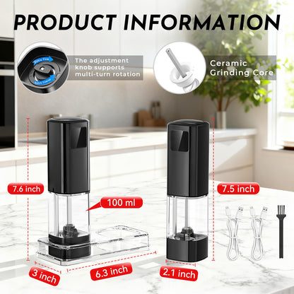 IFONPY Upgraded Larger Capacity Electric Salt and Pepper Grinder Set Rechargeable with Digital Display, Refillable Electric Pepper Grinder Mill Set with Light & Ceramic Core, Adjustable Coarseness