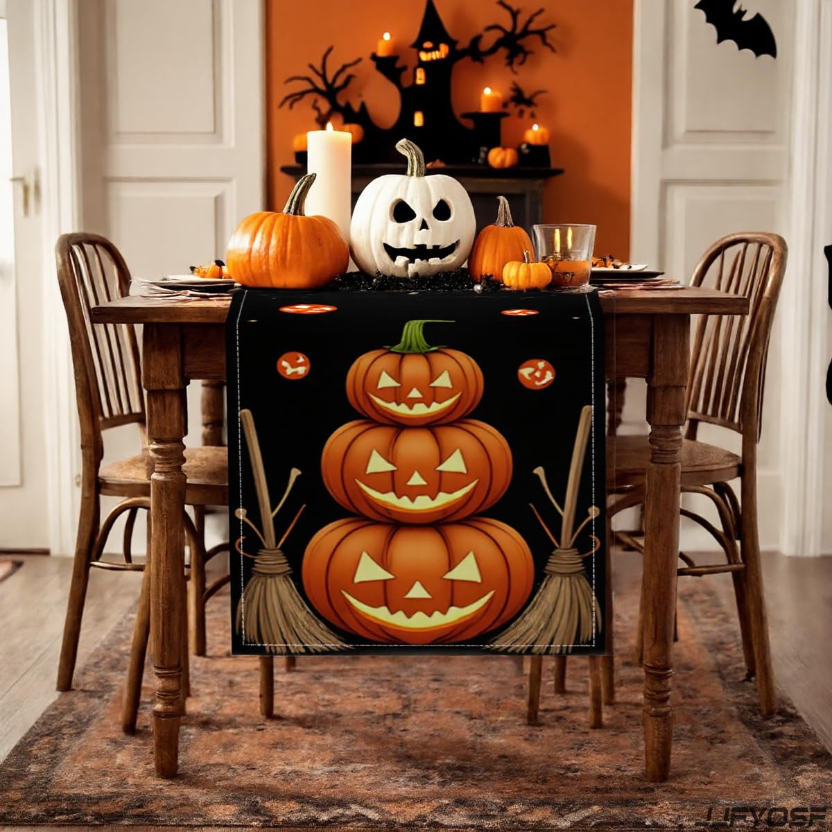 JJFYOSF Halloween Table Runner - Stacked Jack-O’-Lantern Pumpkins with Witch Broom Design, Spooky Pumpkin Dining Table Decoration for Halloween Party & Home Décor 13x72 Inch (Pumpkin & Broom)