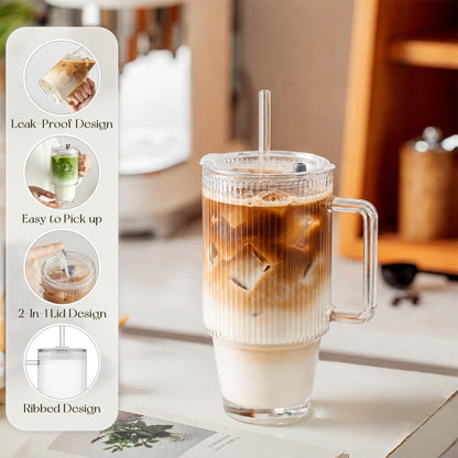 KEMORELA 24oz Ribbed Glass Cups with Lids and Straws,Glass Tumbler with Handle,2 set–Reusable Glass Ice Coffee Cups with Lid and Straw for Smoothies,Tea,Juice,Boba Cup for Cold & Hot Drinks,Travel Cup