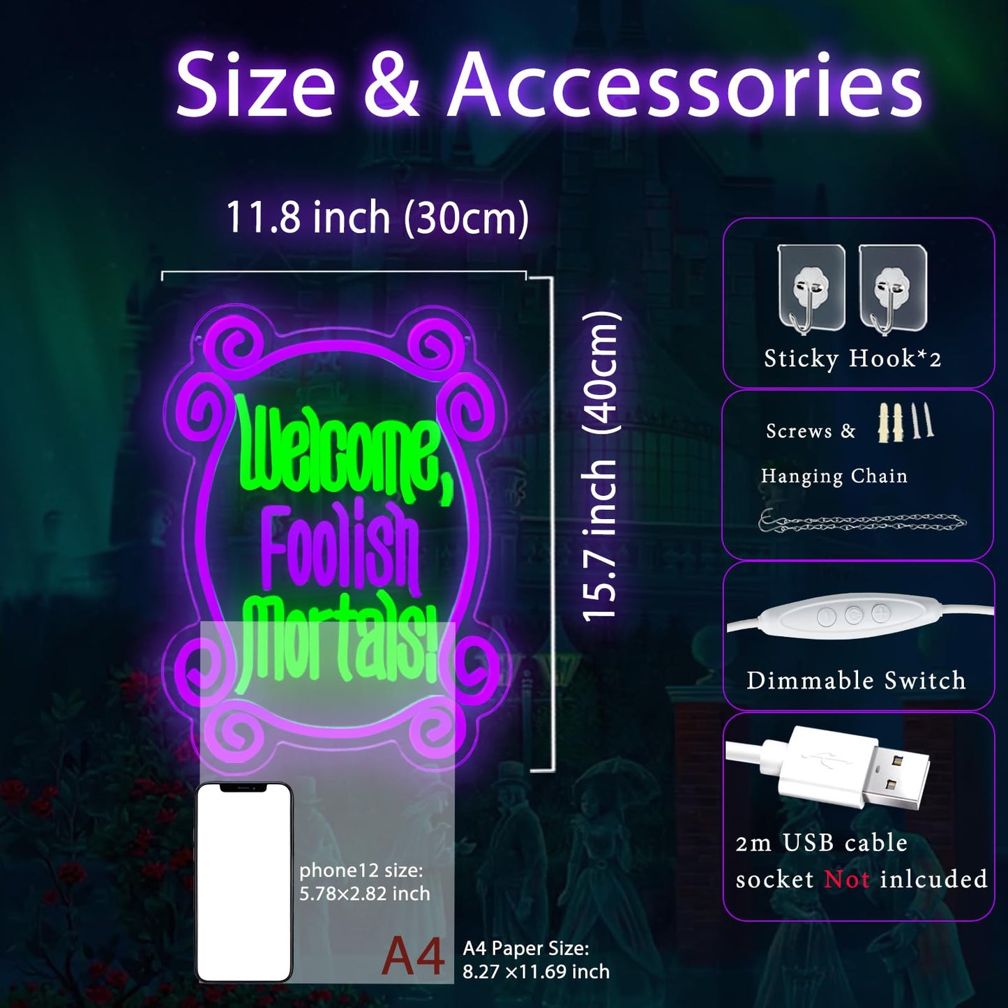 Welcome Foolish Mortals Neon Sign, Haunted Mansion Decor, Halloween Neon Signs for Wall Decor, Dimmable LED Spooky Gothic Coffin Neon Signs, Haunted Mansion Neon Sign for Halloween Party Man Cave