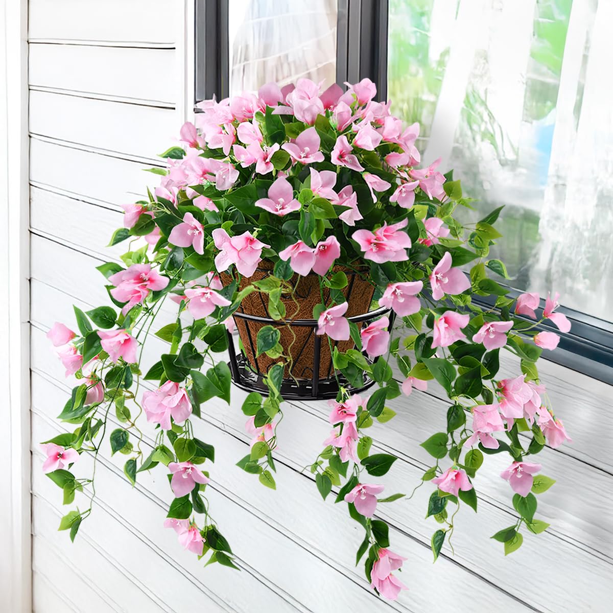 Homsunny Artificial Hanging Flowers Plants Basket for Outdoor Decoration,4 PCS Faux Silk Bougainvillea Vine Flowers Look Real UV Resistant for Outside Porch Patio Yard Garden Decor(Pink