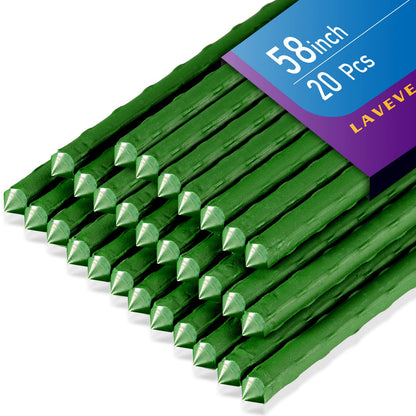 LAVEVE Garden Stakes 58 Inches Heavy Duty Steel Tomato Stake, Plastic Coated Support for Securing Trees, Climbing Plants, Cucumber, Beans, Pack of 20