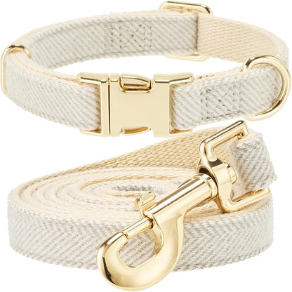 Luxury Soft Cotton Tweed Fabric Dog Collar & Leash Set with Gold Buckle – Durable Fabric, Stylish Design for Everyday Walks(Large Grey)