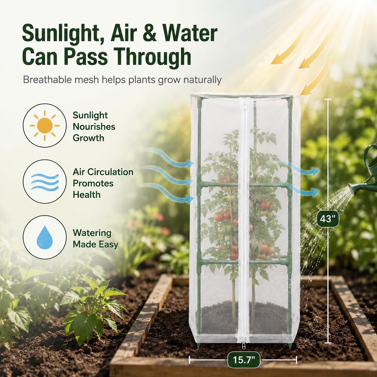 Halatool Garden Tomato Plant Cover Netting, Fits 40–50" Tall Square Tomato Cages, Garden Bird Netting with Zipper & Drawstring, Insect Barrier, Plant Covers from Insects Animals, 4 Pack, 43"×15.7"