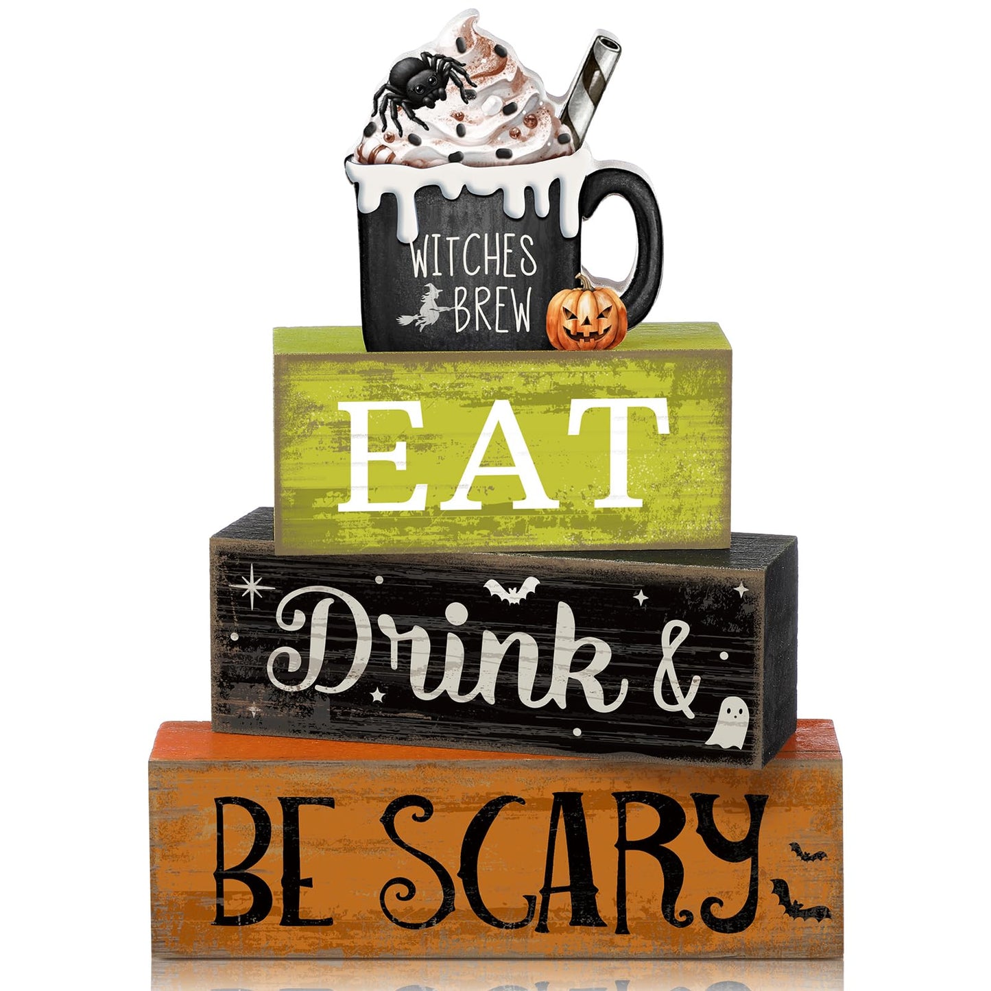 Lineshading 4 Pcs Halloween Table Decor - "Eat Drink & Be Scary" Witch Brew Themed Stackable Block Signs, Rustic Farmhouse Halloween Table Centerpieces for Home Kitchen Dining Coffee Bar
