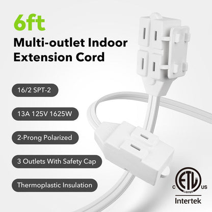BN-LINK 6 ft 3 Outlet Indoor Extension Cord 16/2 SPT-2, 2 Pack White, 2 Prong Polarized Plug, Household Power Cord for Home, Office, and Holiday Decorations
