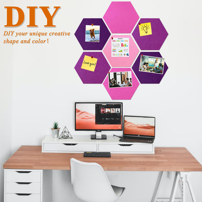 HULAVO Large Hexagon Felt Cork Board Tiles, Self Adhesive DIY Felt Bulletin Board Pin Board with 35 Pushpins for Office School Home Wall Decor Stickers Memos Photos Display(Deep Purple+Pink)