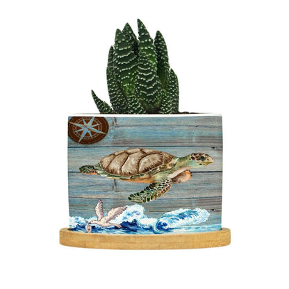 DreamAutumn Ocean Theme Sea Turtle Ceramic Pots for Plants with Drainage Holes Round Flower Pot Bamboo Tray Orchid Pot Succulents Pots for Outdoor Indoor Plants,Housewarming Gifts
