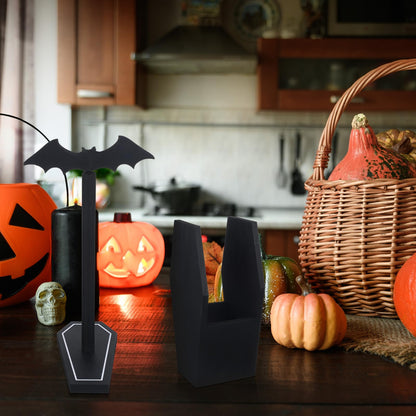 Uiifan Gothic Paper Towel Holder Bat Paper Towel Holder Coffin Kitchen Utensil Holders Halloween Gothic Kitchen Accessories Black Wood Spooky Decor for Home Table Bathroom Gifts Decoration