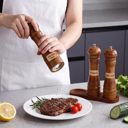 Hushee 6 Pcs Rubber Wood Salt and Pepper Grinder Set, 8 Inch Adjustable Coarseness Manual Pepper Grinder, Refillable Spice Grinders with Tray, Spoon & Cork Labels for Kitchen, BBQ, Camping