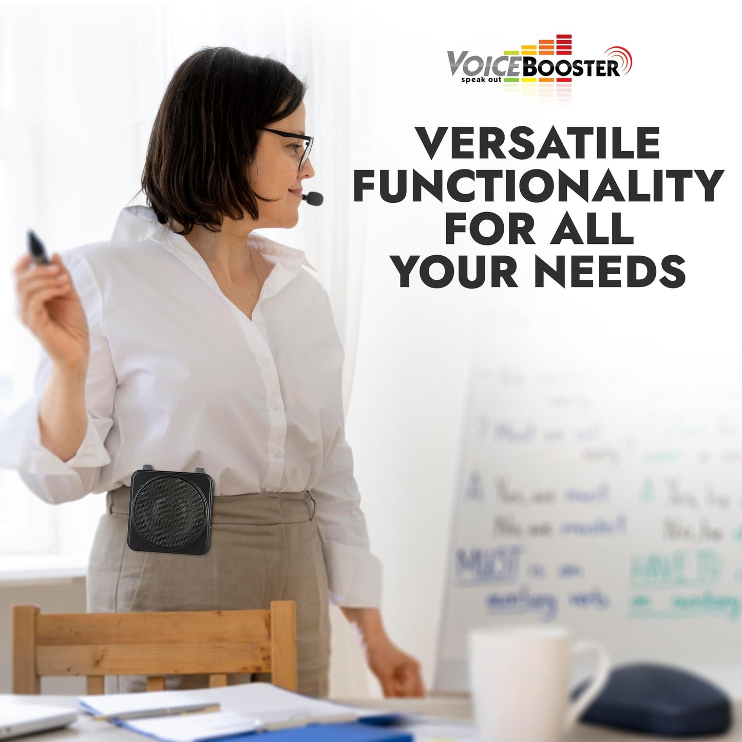 VoiceBooster Portable Voice Amplifier for Teachers - 22W Rechargeable Speaker - Wired & Wireless Microphone Headset for Classroom, Tour Guide, Public Speaking, Built-in MP3 Player & FM Radio - TK9400