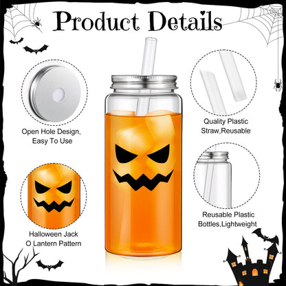 Potchen 24 Pcs Halloween Plastic Cups with Lids and Straws Reusable 13.5 oz Pumpkin Face Jack O Lantern Cups Beverage Drinking Plastic Tumbler Bulk for Halloween Trick or Treat Party Favor Supplies