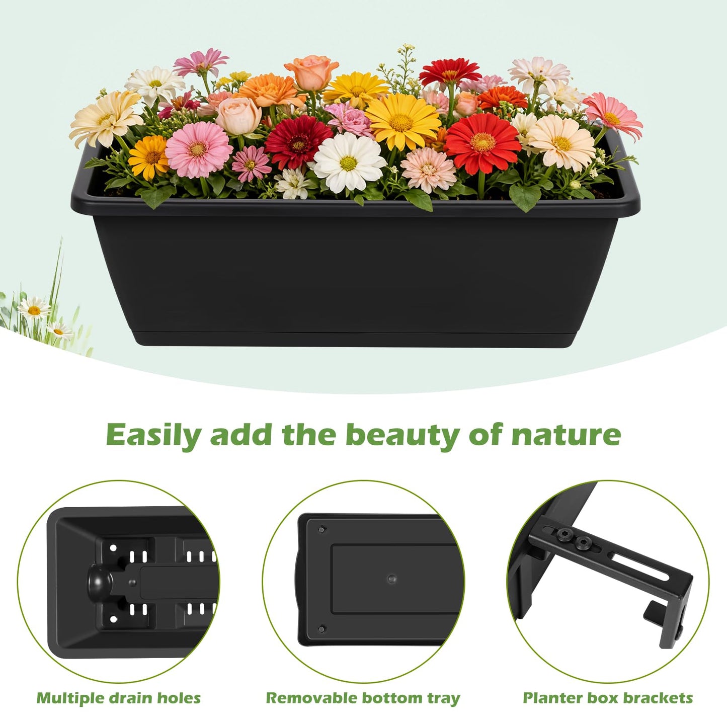 YAHKBTEN Railing Planter Boxes 2 Pack Window Boxes Planters with 2-Tier Adjustable Brackets, 17'’ Deck Railing Planter Boxes Vertical Balcony Hanging Flower Pots for Fence Rail Porch Garden Decor