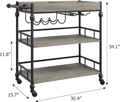 GarveeHome Bar Cart with Wheels, 3-Tier Serving Cart for Home, Mobile Rolling Beverage Cart with Wine Rack and Removable Tray for Kitchen, Dining, Living Room, 35.4" x 15.7" x 34.1", Grey