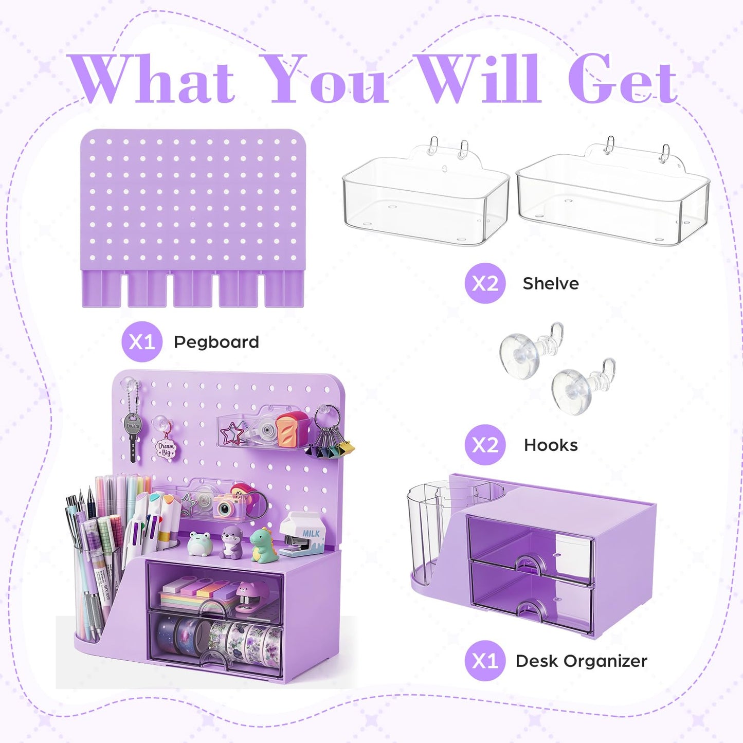 Novabright Desk Organizer with Drawers, Rotating Pen Holder with 5 Slots & Pegboard, Back to School & First Day of School Gifts, Multifunctional Desktop Storage for Desk Home Office Supplies(Purple)