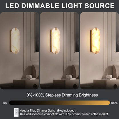 DLUCE 14.17in Alabaster Wall Sconces, Natural Marble Wall Light Set of Two, Modern LED Alabaster Sconces for Living Room Indoor Wall Lamps for Dining Room Stairs Bedroom,Brushed Gold