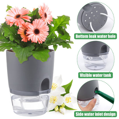 Aulock 6 pcs Self Watering Plant Pots - 4.1/3.2 in Plastic Planter with Drainage Holes, Flower Pots for African Violet, Mini Indoor Plants, Succulents, Herbs, Cactus, Basil, Grey