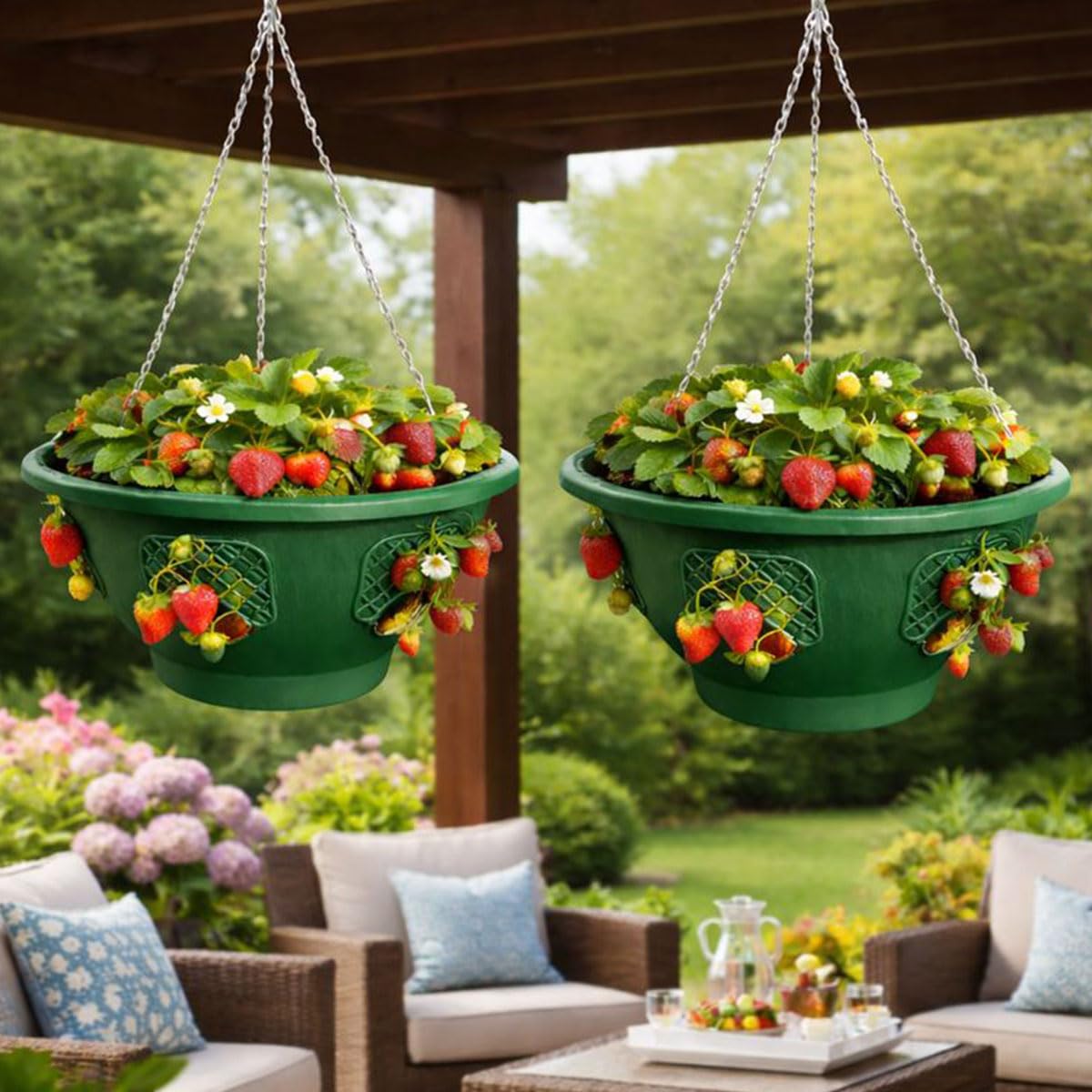 smart spring Ultimate Hanging Basket Strawberry & Flower Planter – 6 Side Planting Spaces, Drainage Hole, 1” Water Reservoir, Zinc-Plated Chain Included, Made in the USA (Deep Forest)