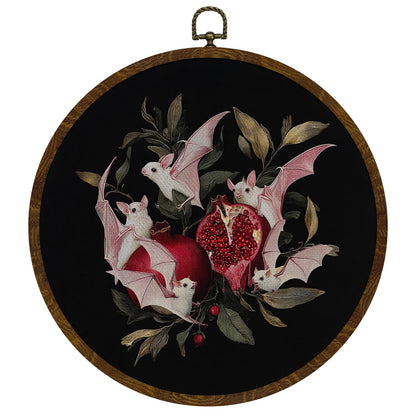 Pink Bat and Pomegranate Round Wall Art Decor,10x10 Inch Gothic Whimsical Canvas Print whit Round Frame, Cute Bat Artwork Wall Hanging Decor for Bedroom, Living Room, or Halloween Home (Pink-Bats)