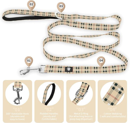 NESTROAD Dog Collar and Leash Set,Soft Neoprene Pet Collar with Quick Release Buckle,Adjustable Nylon Dog Collars for Small Medium Large Dogs(Medium,Cherecked Beige)