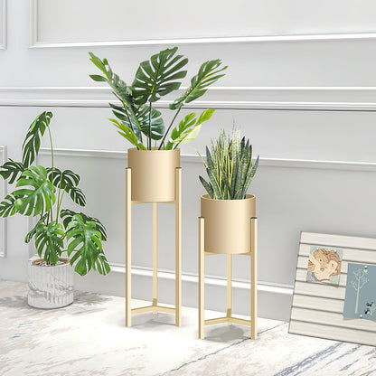 Myyixilau Gold Metal Plant Stand Set, Modern Minimalist Floor Standing Planter Holder with Cylindrical Pot, 3 Piece Indoor Decorative Flower Rack