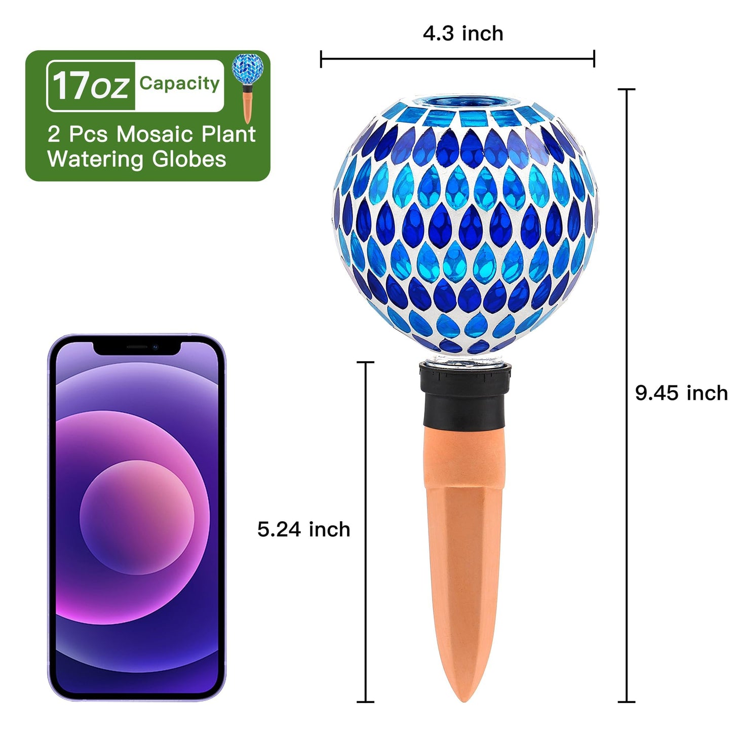 VOREEN Blue Mosaic Self Watering Globes 2 Pack, 500ml Handmade Glass Terracotta Plant Spikes, Automatic Self Watering Devices for Indoor Outdoor Pots, Decorative Water Saver Gift for Garden Lovers